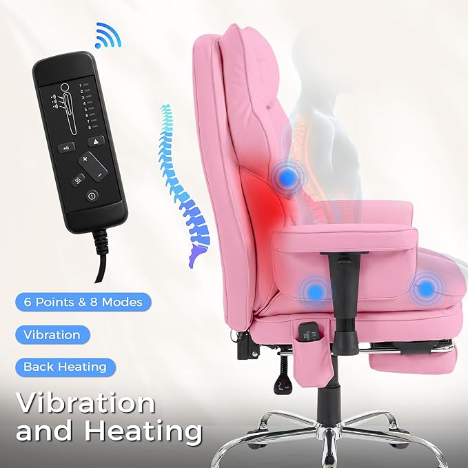 Big and Tall Massage Office Chair with Heat, Extra Wide Double-Layer Pocket Spring Cushion, High Back Reclining Gaming Chair with Adjustable Armrests & Footrest, Heavy Duty Ergonomic Chair, Pink