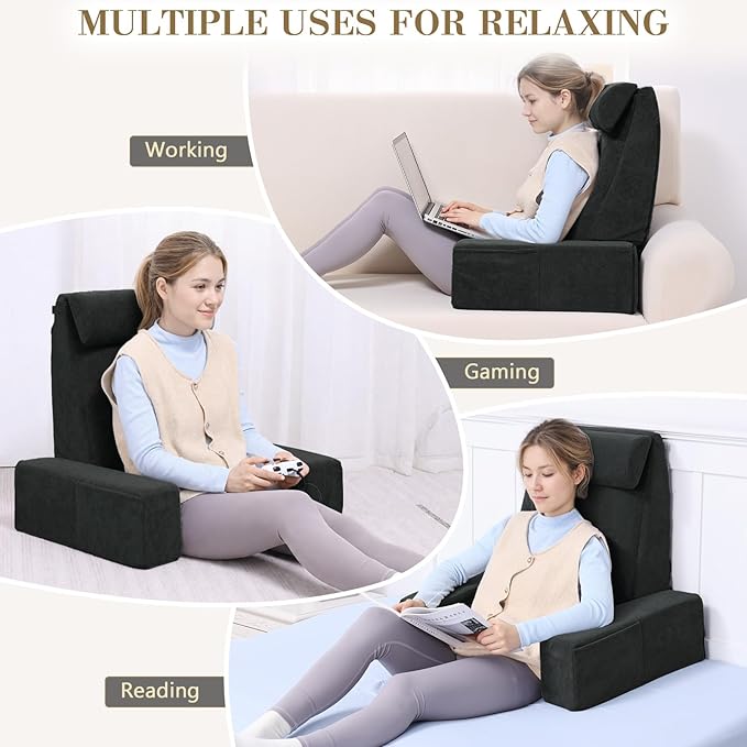 Back Pillow for Bed Sitting Up, Upright Pillows for Sleeping & Lumbar Relief, Dual-Layer Back Support Pillow with Adjustable Headrest, Black