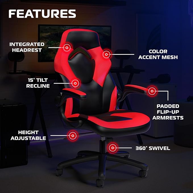 RESPAWN 3085 Ergonomic Gaming Chair for Adults, High Back Office Chair with Headrest and Flip Up Arms, Leather Racing Style Gaming Seat with Lumbar Support, Video Game Computer Desk Seat - Red
