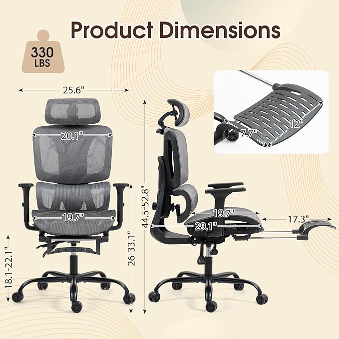 ECOTOUGE Mesh Ergonomic Office Chair with Footrest, High Back Mesh Gaming Chair with Lumbar Support, Adjustable Headrest and Armrests for Home Office Desk Chair, Grey