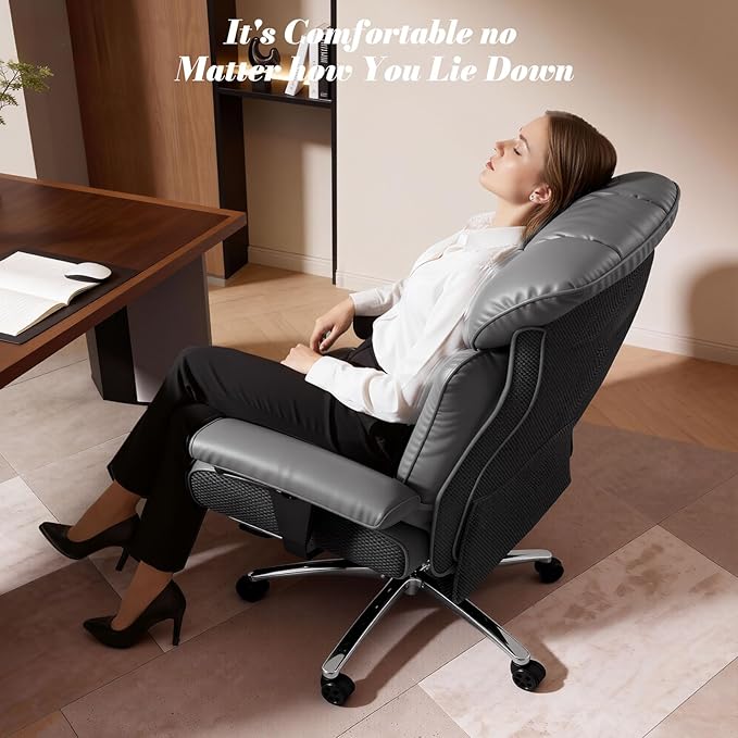 Efomao Big and Tall Office Chair 400lbs, Executive High Back Office Chair with 24" Extra Wide 6.1" Spring Cushion and Footrest, Reclining Heavy Duty Desk Chair for Home Office, Grey