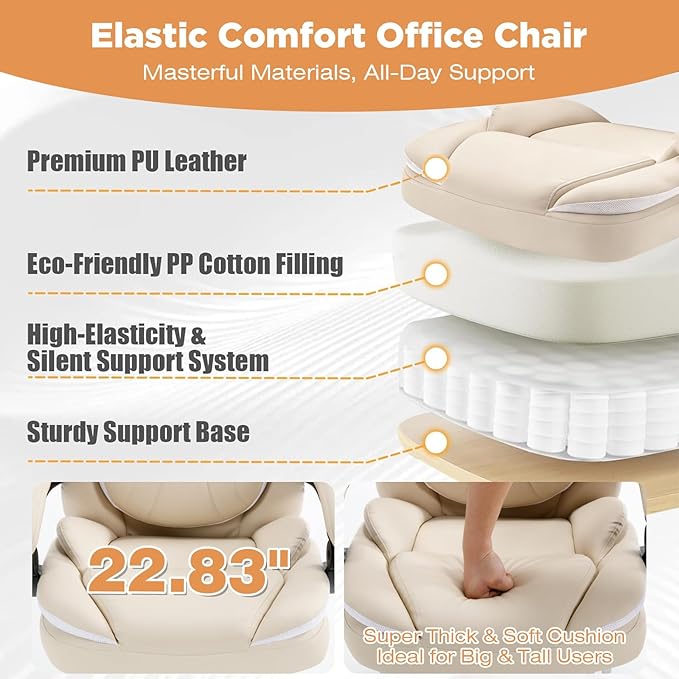 Ergonomic Fully Reclining Office Chairs with Back Support Footrest, Big and Tall Comfortable Recliner Office Desk Chair Computer Gaming Chair, Cream Beige