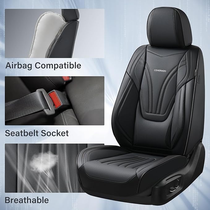 Coverado Car Seat Covers Full Set, 5 Piece Car Seat Protector with Lumbar Support & Removable Headrest, Breathable Leather Front Rear Seat Cushion Universal Fit for Truck Automotive Black
