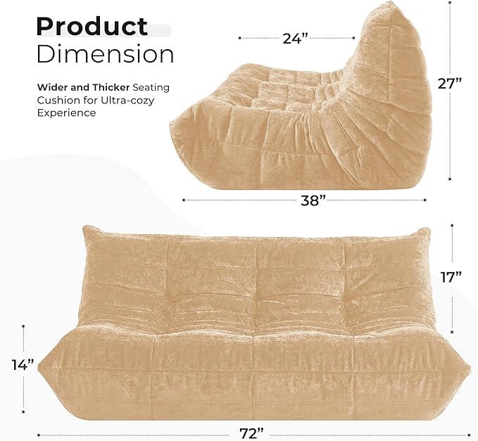 HABUTWAY Bean Bag Chair, Giant Bean Bag Chairs for Adults, 3 Seater Fireside Chair, Lazy Large Floor Bean Bag Sofa for Living Room, Bedroom, Dorm, Office (Khaki)