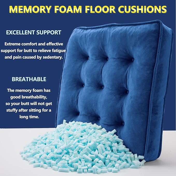 1 MIDDLE ONE Floor Pillow Set of 2, Memory Foam Meditation Cushion, Floor Cushions for Adults Sitting, Large Square Seat Cushions for Yoga, Couch, Sofa, Kids, Living Room, 20x20 Inch (Navy Blue)