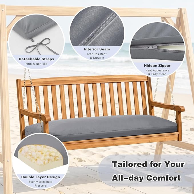 baibu 42Inch Outdoor Bench Cushion Waterproof, Bench Cushions for Outdoor Furniture, Dual-Layer Memory Foam atio Furniture Cushions, Porch Swing Seat Pad with Washable Cover & Ties, 42x16x3.5, Grey