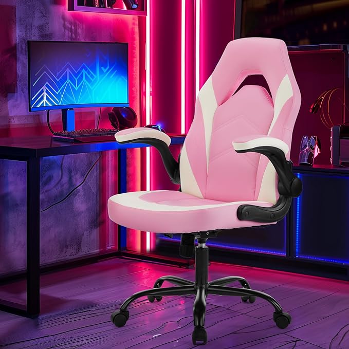 Sweetcrispy Computer Gaming Desk Chair - Ergonomic Lumbar Support Executive with PU Leather and Flip-up Armrest, Height Adjustable with 360° Swivel Wheels, Pink White, for Home and Office