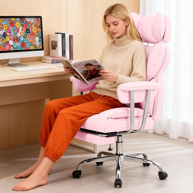 DUMOS Big and Tall Office Chair 350 LBS, Scratch-Resistant PU Leather Executive Office Desk Chair with Footrest, Ergonomic Reclining Computer Chair with Pocket Spring Support for Home Office, Pink