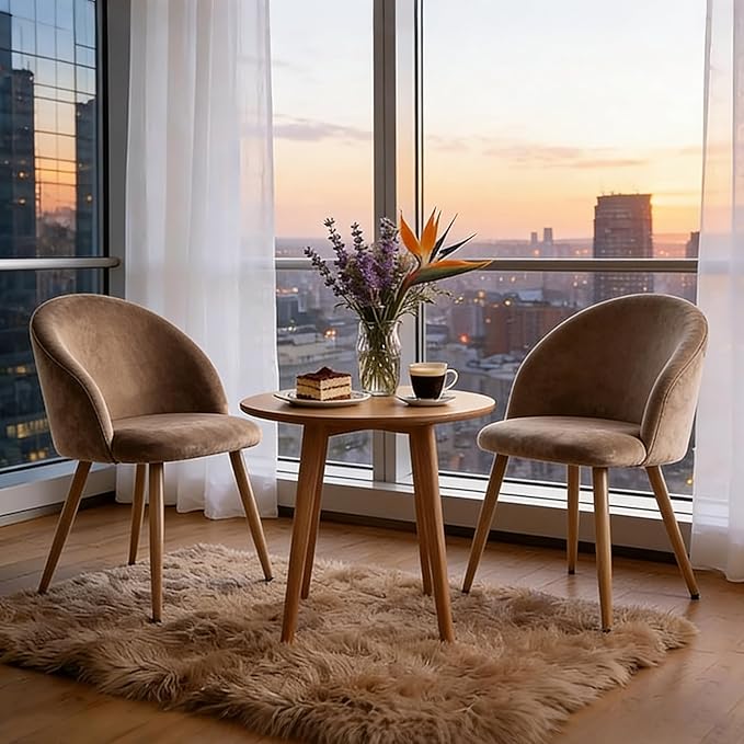 Lightdot Dining Chairs Set of 2, Velvet Comfort Seats, Medieval Modern Living Room Chair, Padded Kitchen Chair with Wood Legs and Padded Chair for Bedroom, Easy to Assemble, Brown