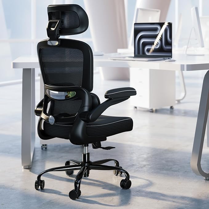 TRALT Ergonomic Office Chair - Desk Chair with Adjustable Headrest Lumbar Support Computer Chair - Mesh Comfy Chair with Flip-up Armrests - Gaming Chair for Adults Home Office PU, Black, Pack of 6