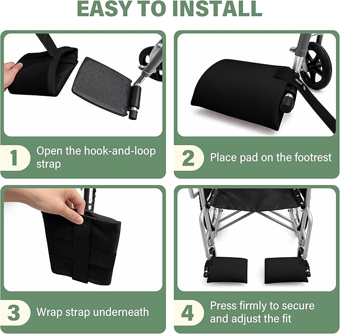 SPRING SEAON Wheelchair Footrest Covers, 1 Pair Soft Plush Foot Rest Pads with Non-Slip Backing, Removable Foam Insert, Hook-and-Loop Closure, Fits Most Standard Wheelchairs (Black)