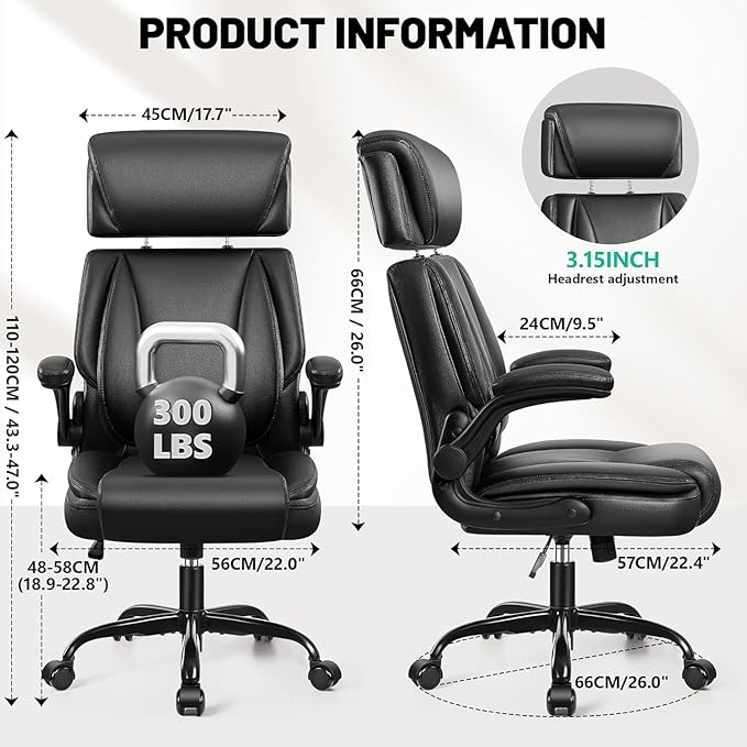 BestGlory Ergonomic Office Chair, PU Leather High Back Desk Chair with Adjustable Headrest and Padded Flip-Up Arms, Lumbar Support Computer Chair for Home Office Gaming, Black