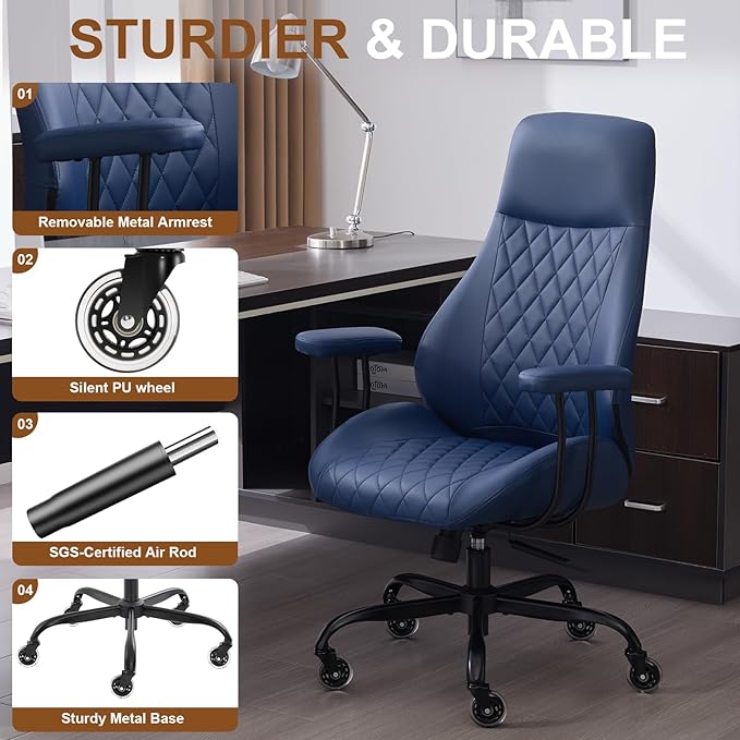 E-Motie Office Chair with Rubber Wheels, Ergonomic Computer Chair 500 lbs, Leather Desk Chair with Lumbar Support, Executive Chair Adjustable Height & Recline, Blue