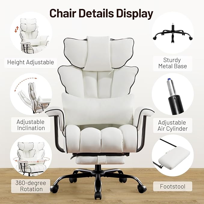 Furniliving Big and Tall Executive Office Chair- Ergonomic, Reclining Desk Chair with Footrest Lumbar Pillow, Height Adjustable Back Leather Chair for Home Office, Pure White