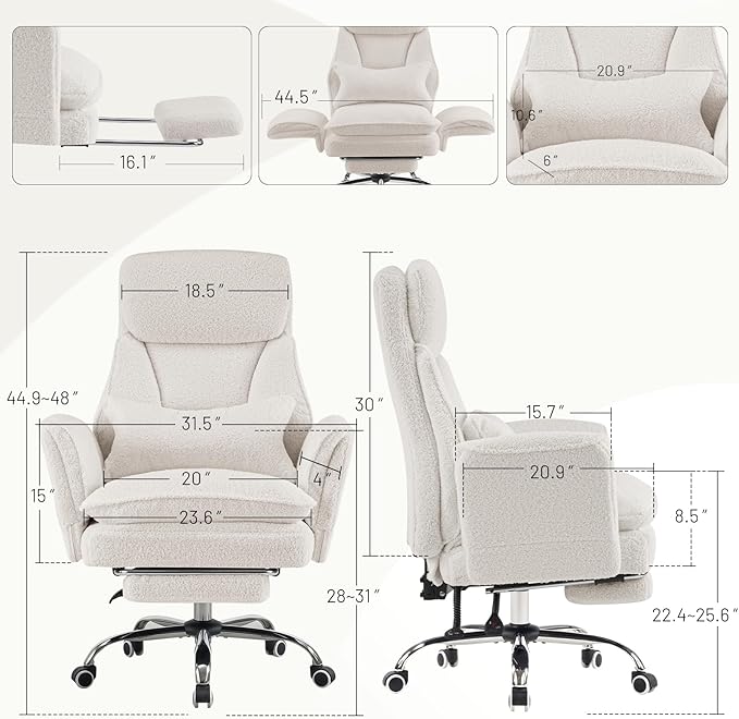 Furniliving Criss Cross Office Chair with Armrests & Wheels, Big and Tall Office Chair with Footrest, Flip Armrests for Pets, Wide Seat Cross Legged Desk Chair, Ergonomic Computer Chair, Teddy, White