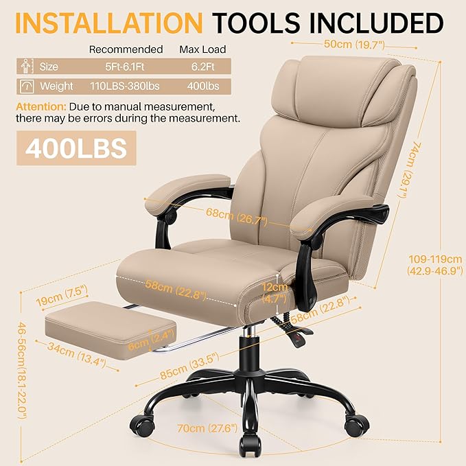 HeroSet Big and Tall Office Chair with Foot Rest, 400lbs Ergonomic Reclining High Back Executive Leather Chair, Lumbar Support Swivel Computer Desk Chairs for Heavy People Home Office Gaming(Khaki)