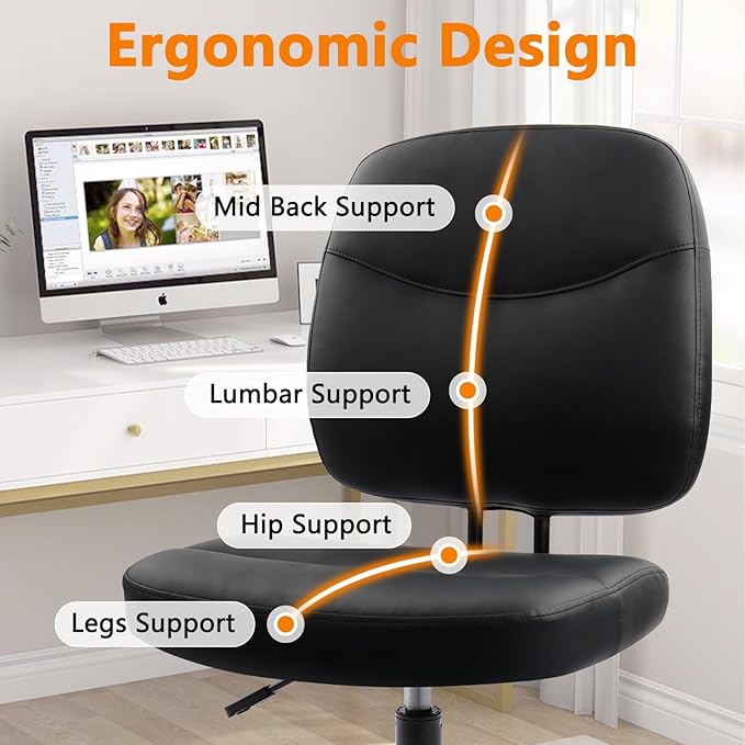 CLATINA Armless Home Office Chair,Small PU Leather Ergonomic Low Back Desk Chair with Lumbar Support and Wheels, Adjustable Height 360° Swivel Rolling Computer Task Chair, Black, 6 Pack
