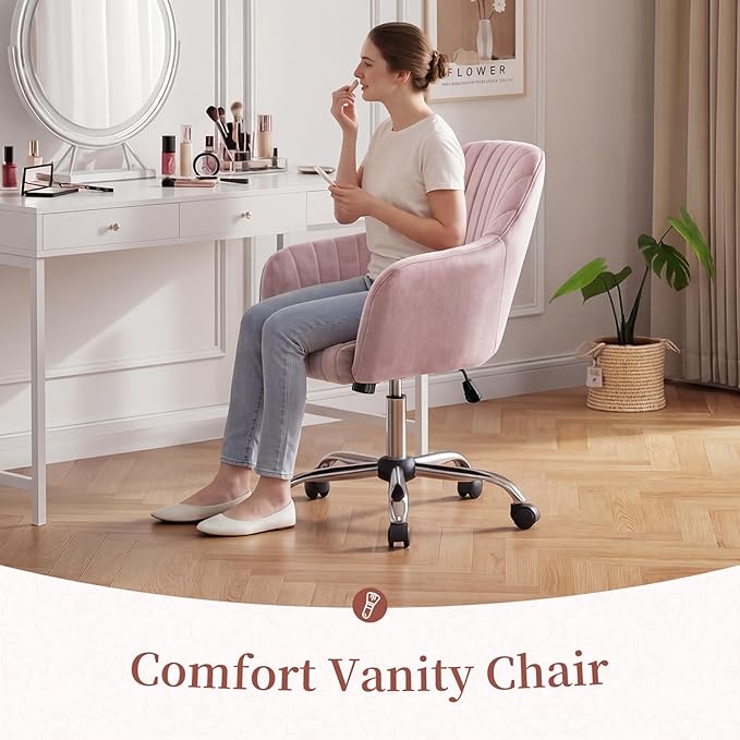 Warmiehomy Velvet Vanity Chair with Back, Desk Chair for Home Office, Comfy Cute Makeup Chair with Arm Rest for Bedroom, Office Furniture, Blush Pink