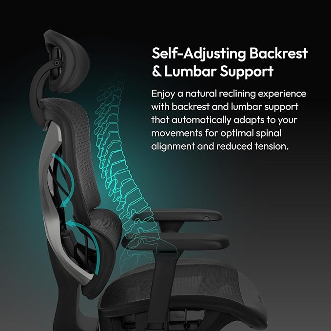 THUNDERX3 XTC Ergonomic Office Chair, for Adults Gaming Chair, High Back Desk Chair, Synchronous Tilt, Self-Adjusting Lumbar Support and Backrest, Adjustable Headrest, Breathable Mesh, Black