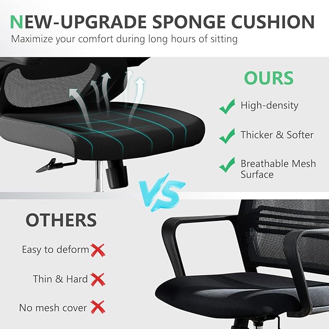 350 LBS Ergonomic Office Computer Mesh Chair - Adjustable Height Rolling Desk Chair with Flip-Up Armrests & High Back Support - Comfortable Swivel Task Chair for Home Office (02BLACK)