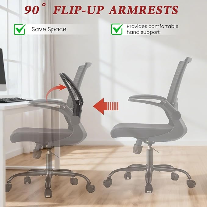 Mesh Office Chair with Flip-Up Armrests – Standard Issue Office Chair, Swivel Rolling Desk & Work Chair with Lumbar Support, Ergonomic Computer Chair for Home Office, Corporate Office, Black