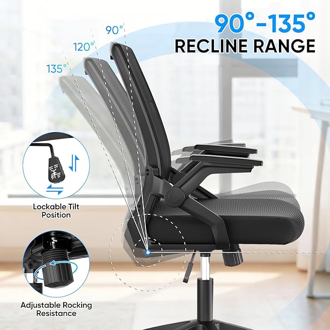 MoNiBloom Mid Back Mesh Office Chair with Flip-Up & Sliding Armrests, 18–22" Adjustable Seat Height, Ergonomic Desk Chair with Rocking Function, for Home Office, Black