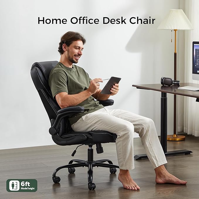 amseatec Office Chair, Executive PU Leather Chair, Ergonomic Computer Desk Chair with Lumbar Support and Adjustable Flip-Up Arms, Rocking Task Chair, Black