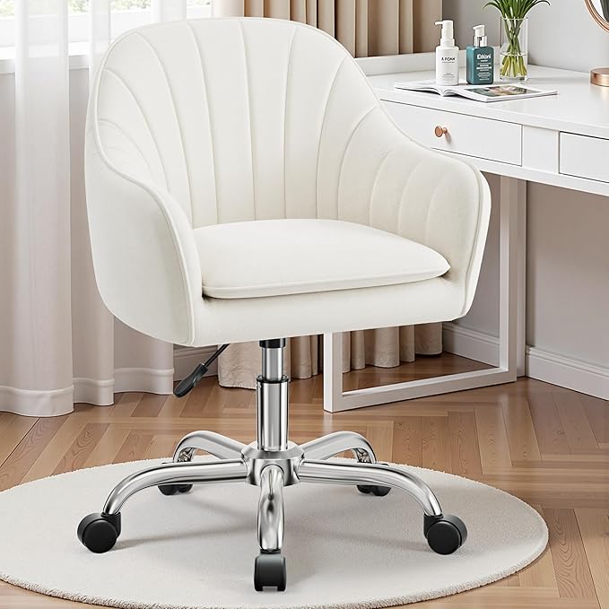 Vanity Chair with Wheels, Comfy Home Office Desk Chairs Adjustable Modern Velvet Makeup Vanity Chairs for Bedroom Living Room-Beige