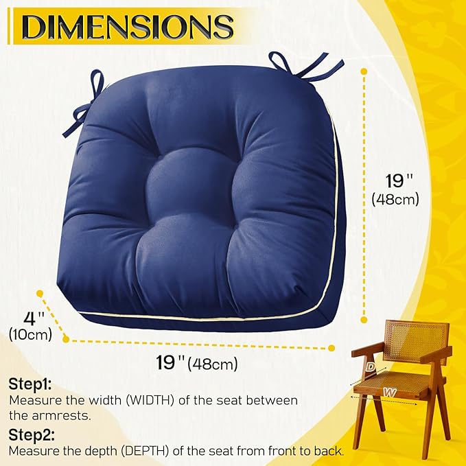 1 MIDDLE ONE Outdoor Chair Cushions Set of 2, Outdoor Cushions for Patio Furniture and Wicker Chair, Memory Foam Patio Seat Cushion Pads with Ties, 19 x 19 Inch (Blue)