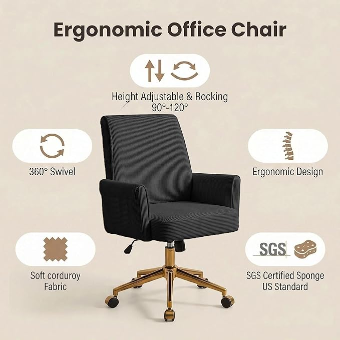 Striped Velvet Office Chair, 360° Swivel Ergonomic Task Chair with High Back, Gold Base and Wheels, Height Adjustable Modern Accent Chair for Home Office, Living Room, Study, Vanity Room (Black)