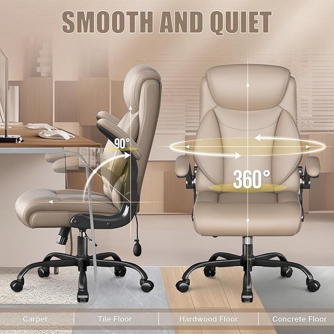 Ergonomic Office Chair, Home Desk Computer Chair, High Back Executive Chair，Padded Leather Ergonomic Computer Desk Chair with Inflatable Lumbar Support & Flip-Up Arms, Swivel Chair,Beige
