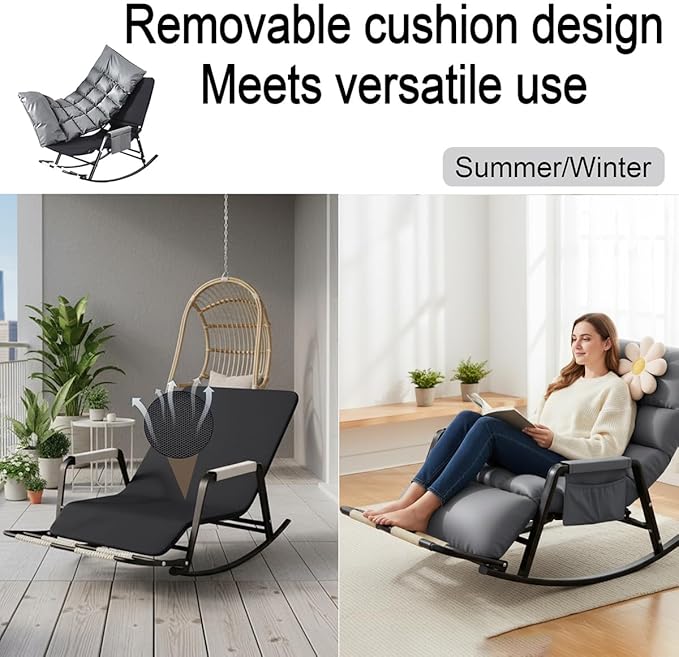 Oversized Rocking Chair-Winter/Summer Rocking Chair with Foot Rest，180° Adjustable with Removable Padding and Side Pockets， for Living Room Balcony Porch Patio