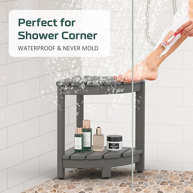 Corner Shower Stool for Inside Shower, HDPE Waterproof Shower Bench Seat Chair, Plastic Bath Shower Stool for Shaving Legs Foot Rest with Storage Shelf, Adjustable & Non-Slip Feet, Grey