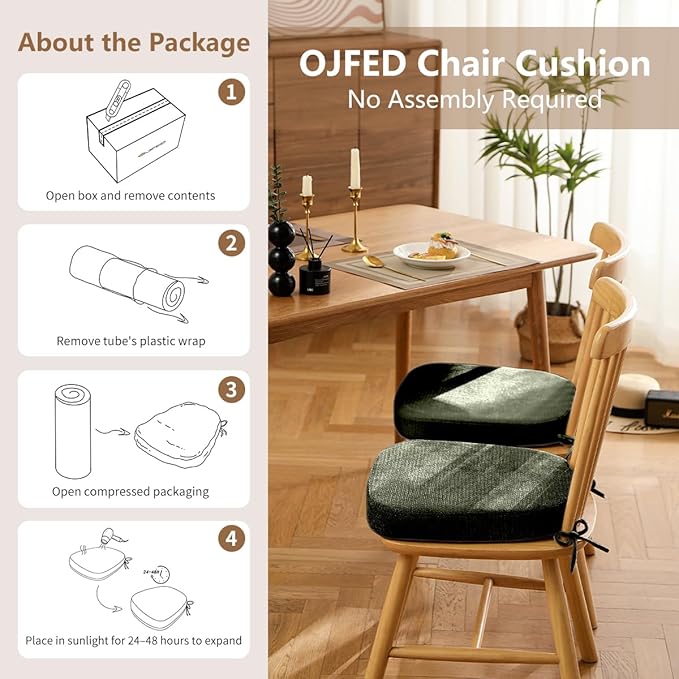 D-Shaped Chair Cushions for Dining Chairs, 2.5” Thick Chair Pads with Washable Comfortable Textured Cover, Non Slip Kitchen Chair Cushions with Ties, 16.5" x 16.5", 4 Pack, Green