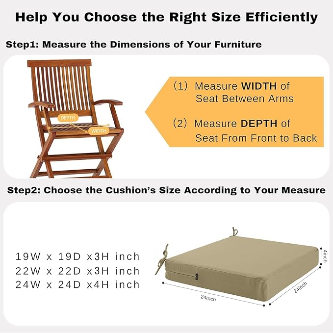 idee-home Outdoor Chair Cushions Set of 2, Waterproof Outdoor Seat Cushions for Patio Furniture, Outside Replacement Chair Pad with Ties for Lawn Deck Porch, 24 x 24