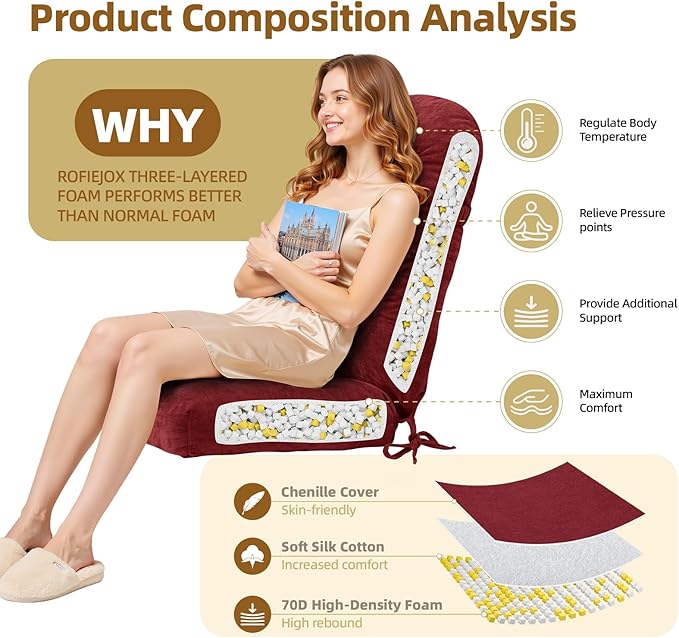 Rocking Chair Cushion - Chenille Fabric, High-Density Sponge, Durable Comfort Double-Sided Tufted Seat Pads with Ties, Chenille︱Deep Red, 44x19x4 inch