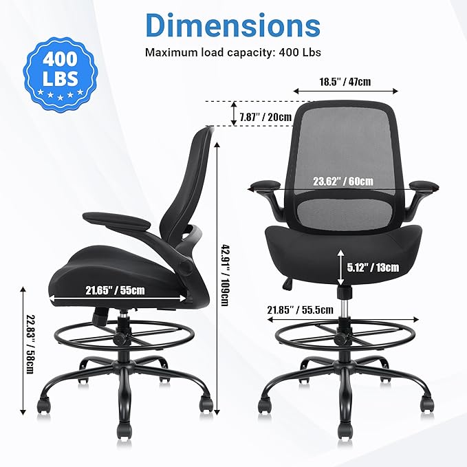 HYLONE Drafting Chair Tall Office Chair with Flip-Up and Adjustable Armrests Ergonomic Computer Chair with Adjustable Footrest Ring Mesh Standing Desk Chair (Black)