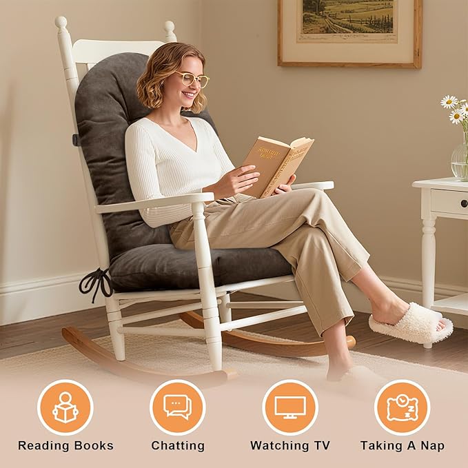 Rocking Chair Cushion - Velvet Fabric, High-Density Sponge, Durable Comfort Non-Slip Bottom Tufted Seat Pads with Ties, Velvet︱Chocolate Brown, 44x19x4 inch