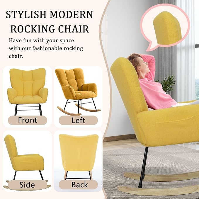 Nursery Rocking Chair Teddy Upholstered Glider Rocker,Rocking Accent Chair Padded Seat with High Backrest,Solid Wood Legs for Nursery Bedroom Living Room(Yellow