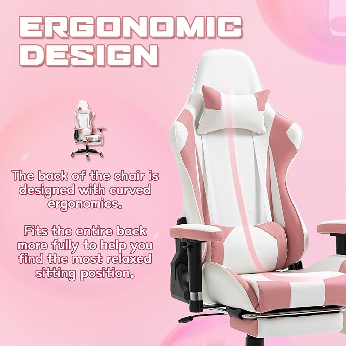 ECOTOUGE PC Gaming Chair with Footrest Ergonomic Office Desk Chair Racing Leather Recliner Swivel Rocker with Headrest and Lumbar Pillow for Girls, Pink-White