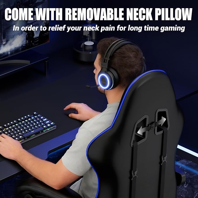 Czlolo Gaming Chair with Footrest Racing Style Lumbar Support Massager Video Game Chair with Metal Legs, High Back Reclining Gamer Chair with Headrest, 360° Swivel Office Computer Desk Chair (Blue)