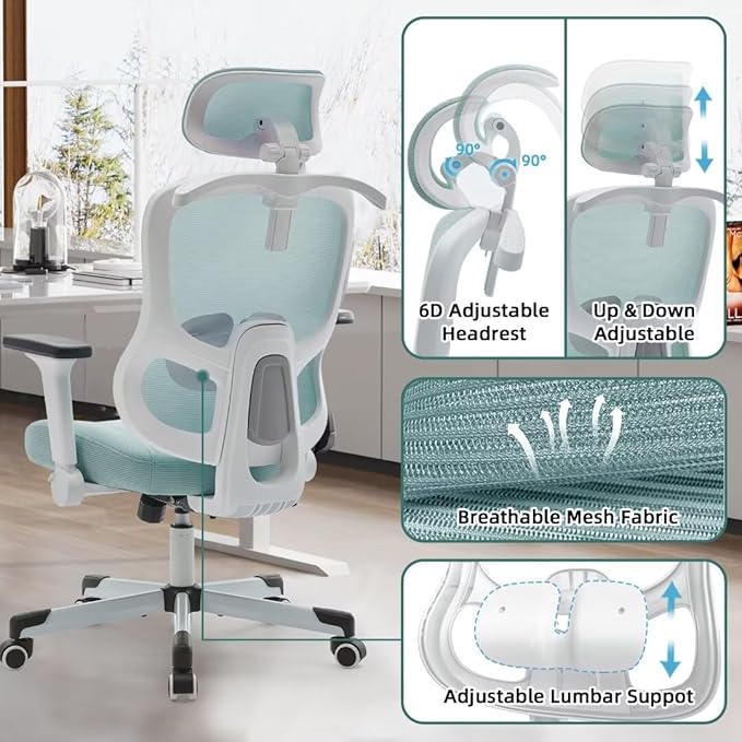 Ergonomic Office Chair Big Tall Reclining Gaming Chair Adjustable Lumbar Support 6D Armrest 6D Headrest Breathable Mesh Swivel Computer Chairs Home Task Desk Chair Wheels Coat Hanger Tilt Lock Blue