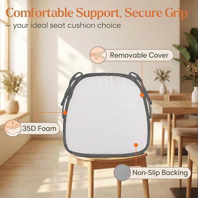 Dark Grey Chair Cushions with Ties Removable Covers, D Shape Foam Dining Kitchen Chair Seat Pads Non Slip 17"x16" Set of 4