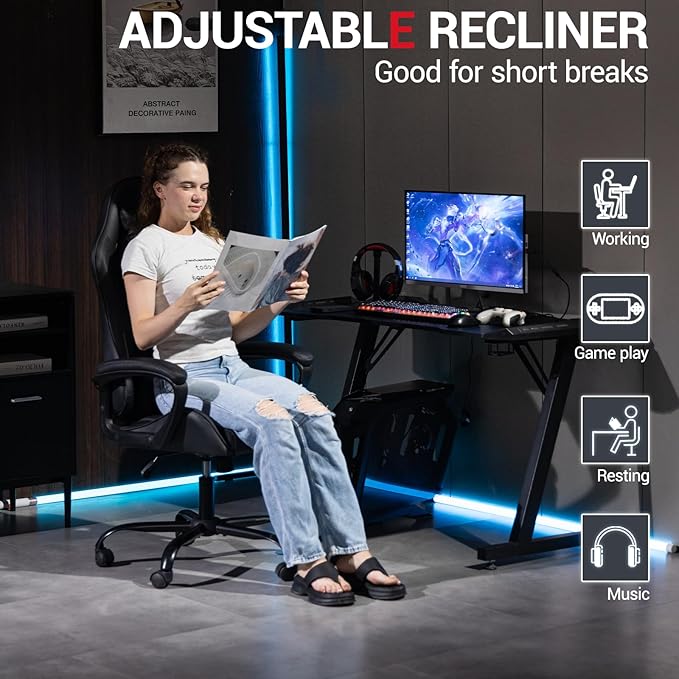 Ergonomic Massage Gaming Chair — High-Back Reclining Office Chair with Lumbar Support for Adults, Height Adjustable, PU Leather, Black