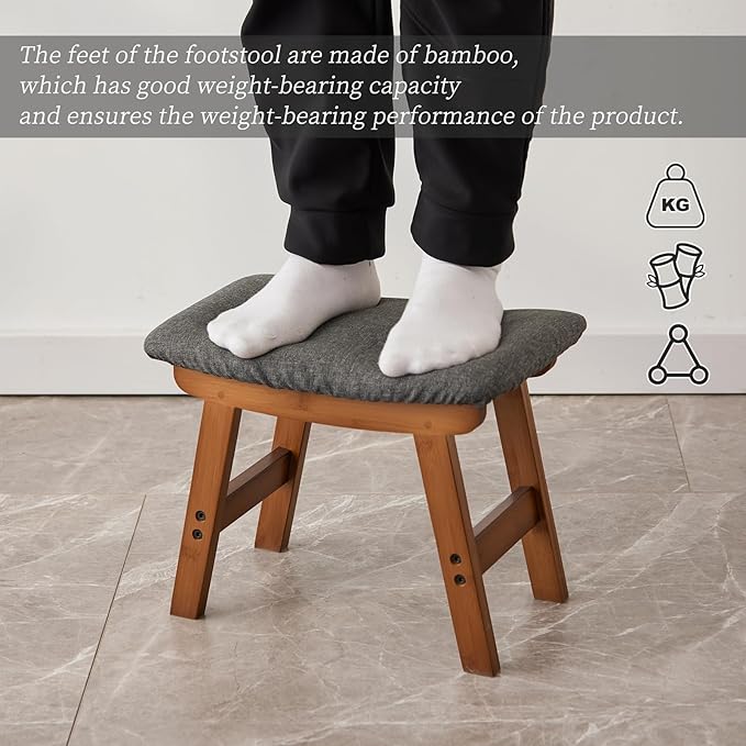 Kitsanery Foot Stool,Ottoman,Bamboo Small Sofa Foot Rest Under Desk,Extra Seating for Living Room, Bedroom and Kitchen (Brown Stool Legs - Gray Surface)