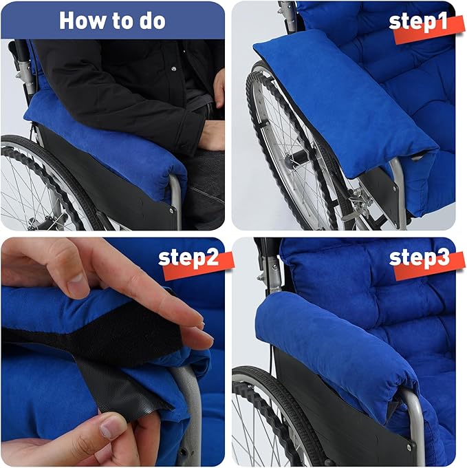 Wheelchair Cushions，Pressure Pain Relief Accessories with Armrest Covers. Supports Coccyx & Back, Non-Slip. Fits 18" Wheelchair with Full Arms, Blue.