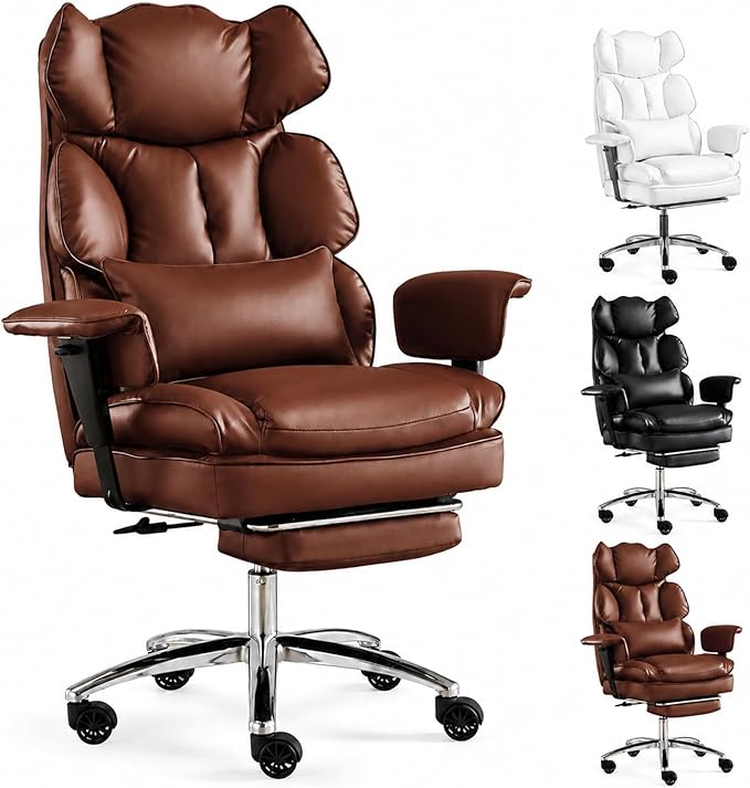 Big and Tall Ergonomic Office Chair with Footrest, Executive High Back PU Leather Desk Chair, Reclining Computer Chair with Adjustable Lumbar Support and Armrests, Swivel Rolling Gaming Chair, Brown