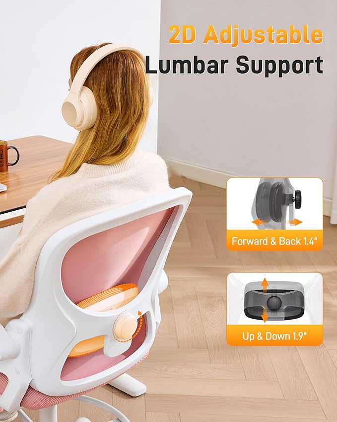 LukkDys Drafting Chair with 4D Multi-Adjustable Backrest, Tall Office Chair 19.7"-27.6" Seat Height, Ergonomic Standing Desk Chair with Flip-up Arms, Foot Ring, Pink&White