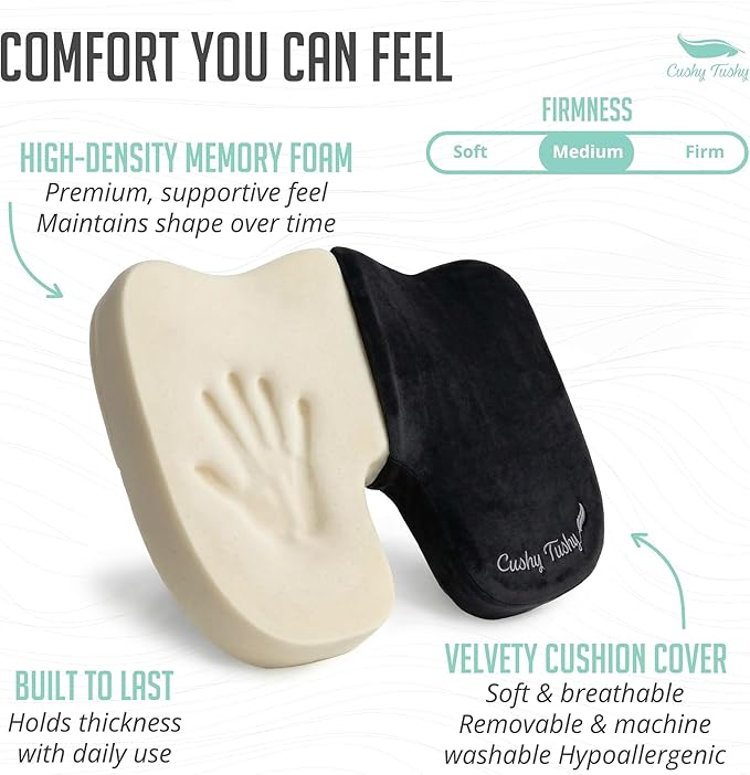 Cushy Tushy Premium Slim Foldable Travel Seat Cushion - for Relief of Lower Back, Sciatic, Butt and Tailbone Pain - for Home & Office Use, Perfect for Travel or Driving - Slim Coccyx Cushion - Black