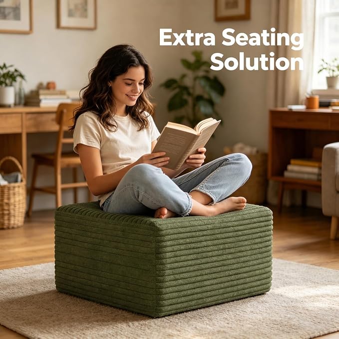 25.6" Corduroy Ottoman for Couch,Plush Memory Foam Couches Ottomans,Upholstered Boneless Couches Footrest for Living Room - Compressed Sofa in a Box No Assembly Require,Green